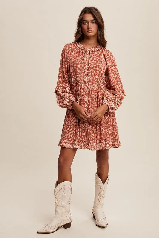 Becky Floral Print Tie Front Long Sleeve Ruffle Dress