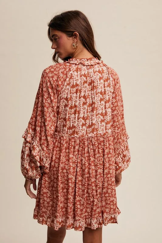 Becky Floral Print Tie Front Long Sleeve Ruffle Dress