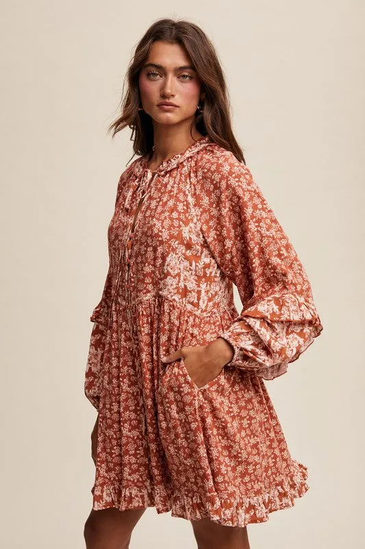 Becky Floral Print Tie Front Long Sleeve Ruffle Dress