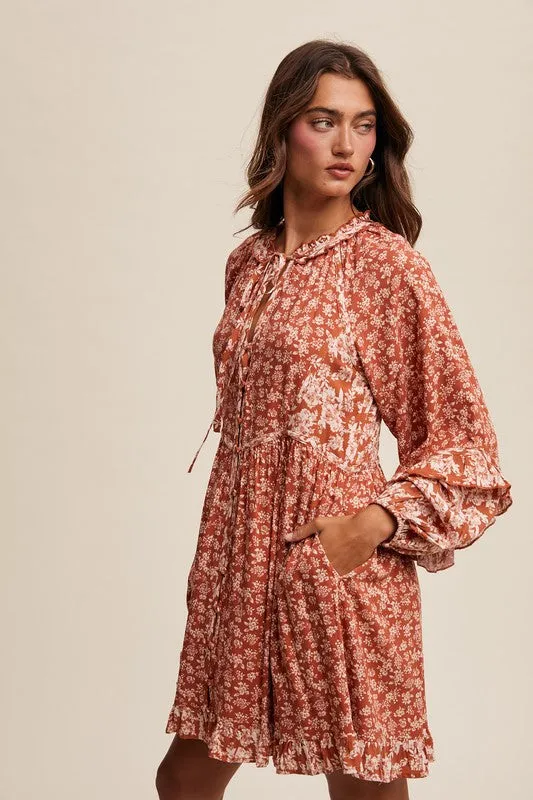 Becky Floral Print Tie Front Long Sleeve Ruffle Dress