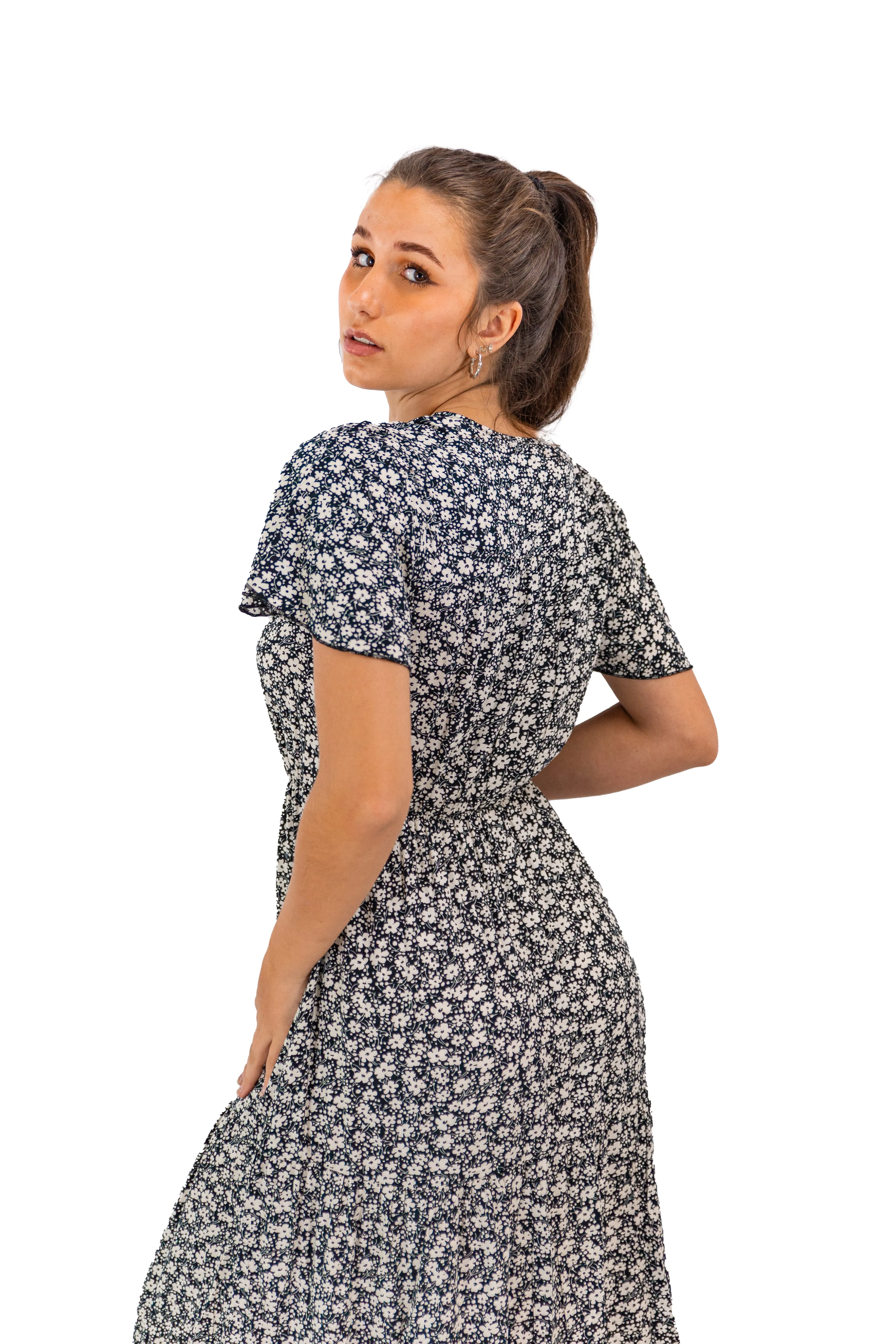 Blossom Elegance: Black Floral Midi with a Twist