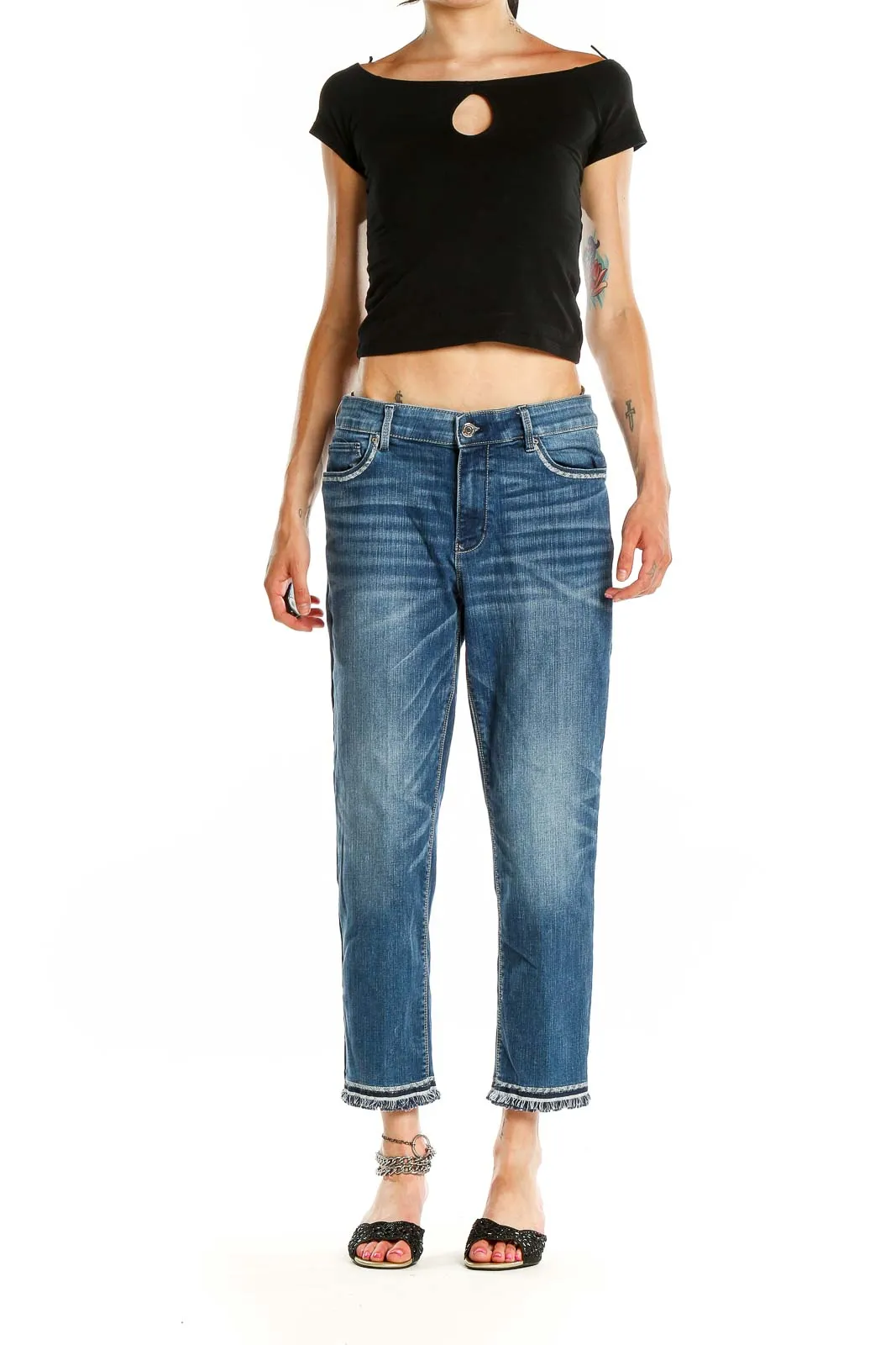 Blue Frayed Hem Cropped Jeans