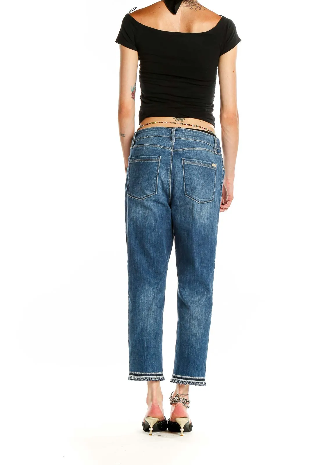 Blue Frayed Hem Cropped Jeans
