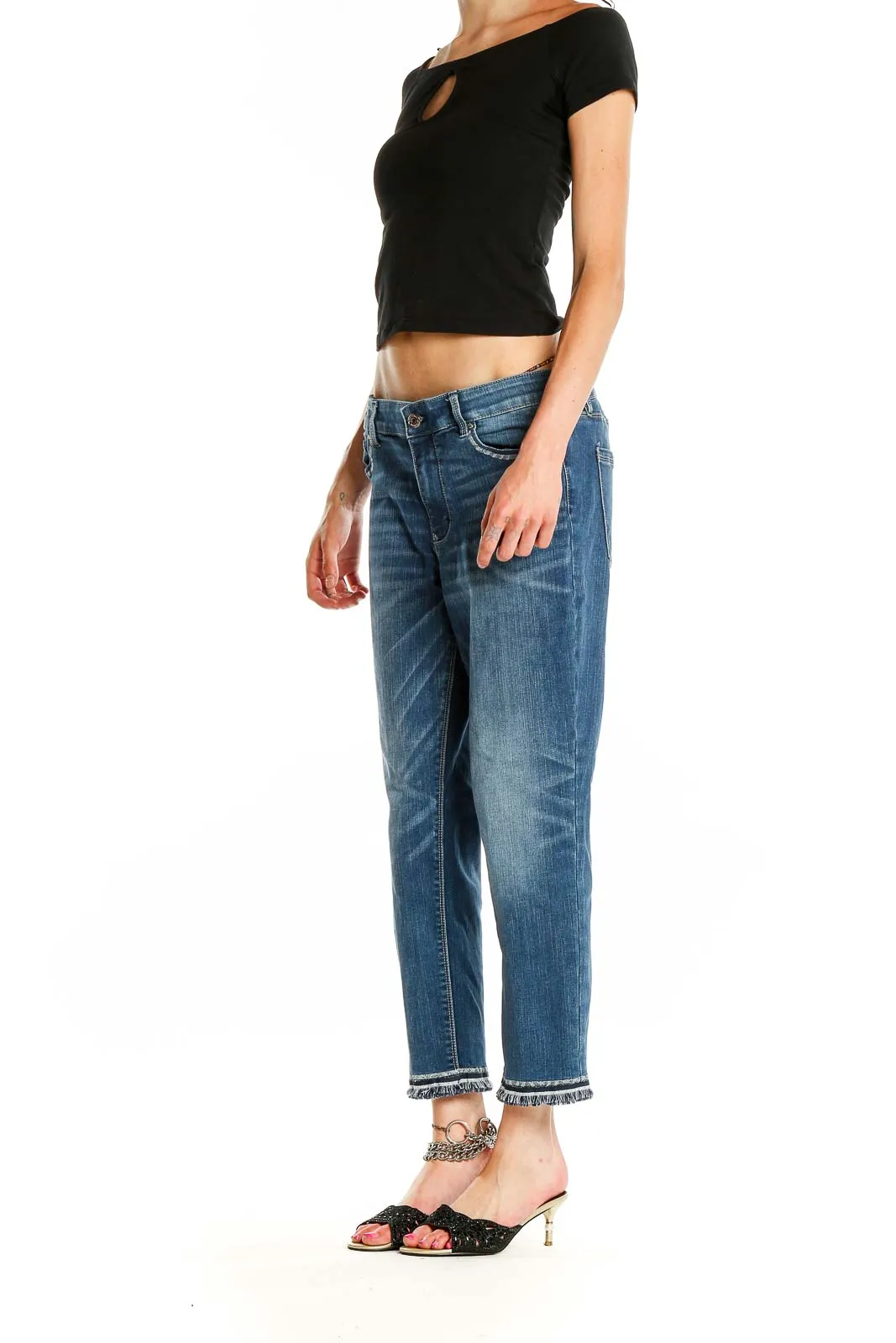Blue Frayed Hem Cropped Jeans