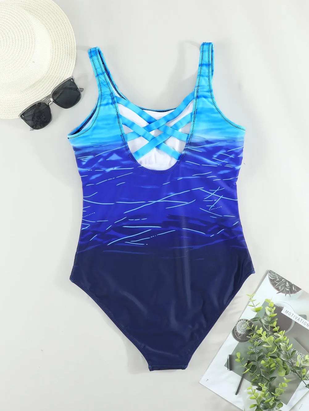 Blue Ombre Crisscross Back One-Piece Swimsuit