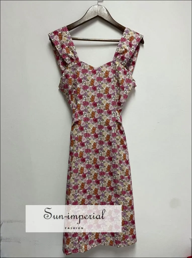 Blue Rose Print Sleeveless Square Neck Waist Lace Tie Knee Length Dress
