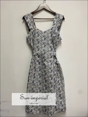 Blue Rose Print Sleeveless Square Neck Waist Lace Tie Knee Length Dress