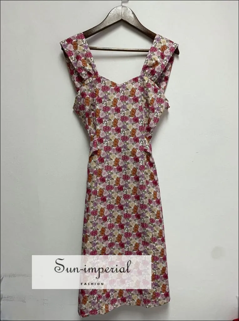 Blue Rose Print Sleeveless Square Neck Waist Lace Tie Knee Length Dress