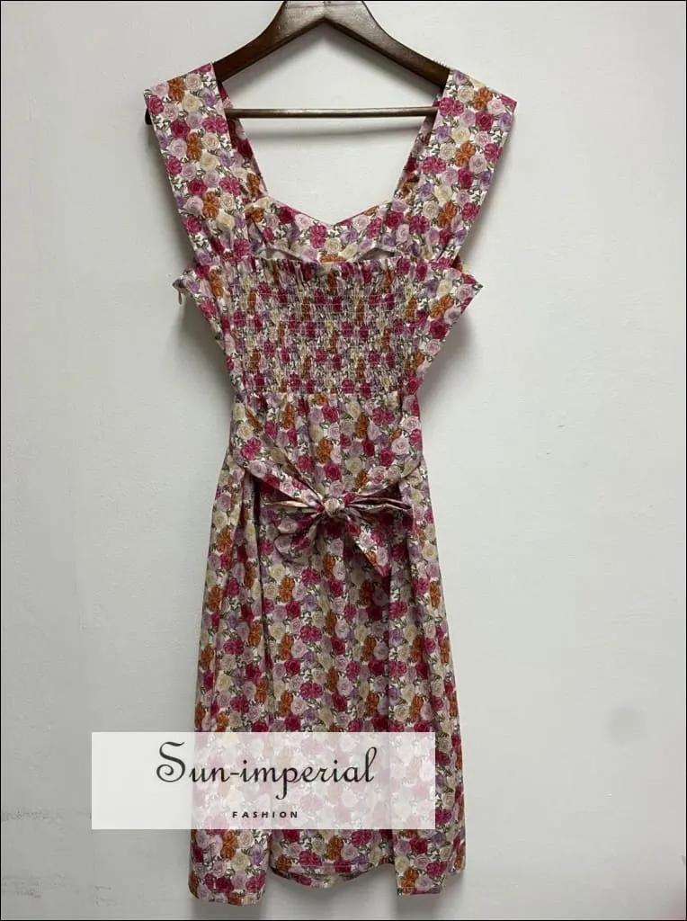 Blue Rose Print Sleeveless Square Neck Waist Lace Tie Knee Length Dress
