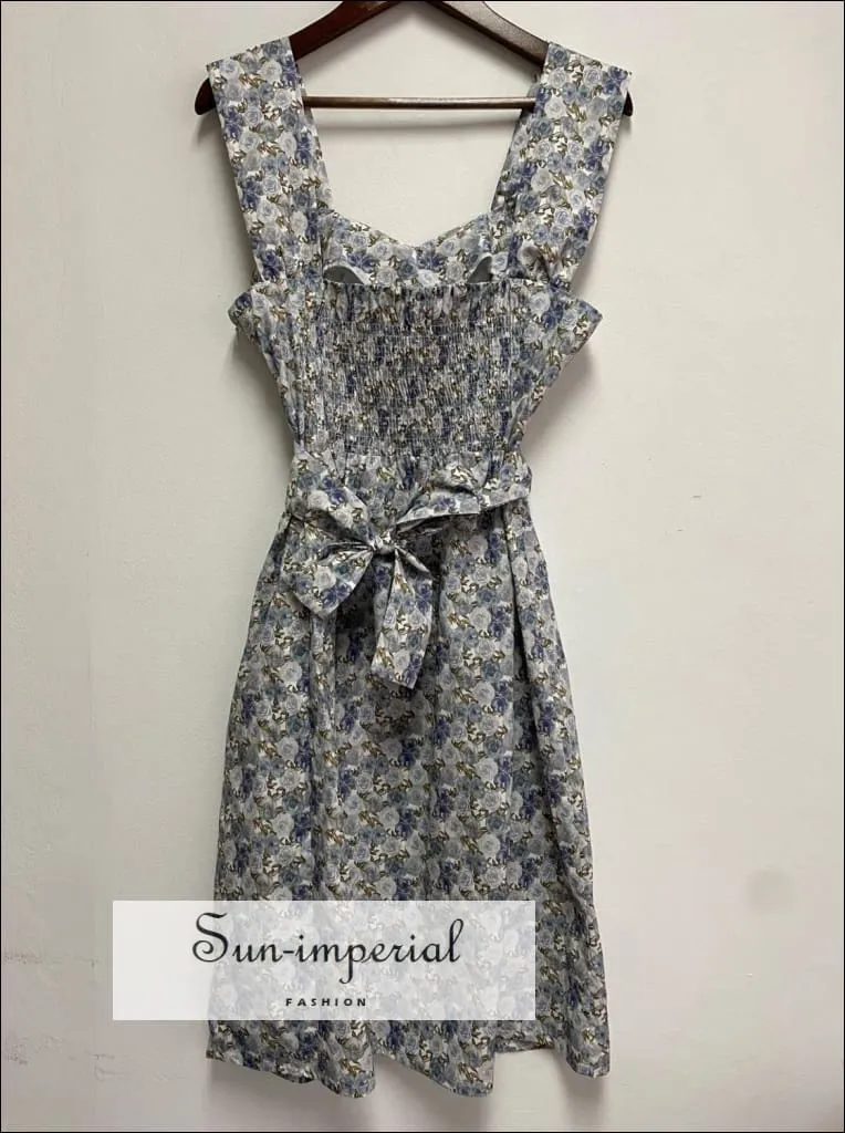 Blue Rose Print Sleeveless Square Neck Waist Lace Tie Knee Length Dress