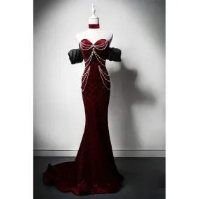 Burgundy Velvet Evening Dress with Pearl Chains - Off-the-Shoulder Dress with Sleeves - Red Evening Gown Plus Size