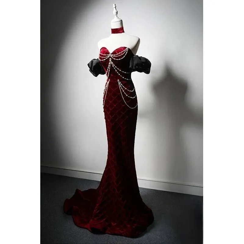 Burgundy Velvet Evening Dress with Pearl Chains - Off-the-Shoulder Dress with Sleeves - Red Evening Gown Plus Size