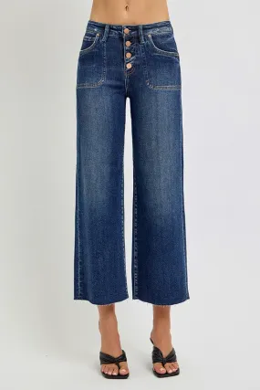 Button Fly Wide Leg Dark Jeans