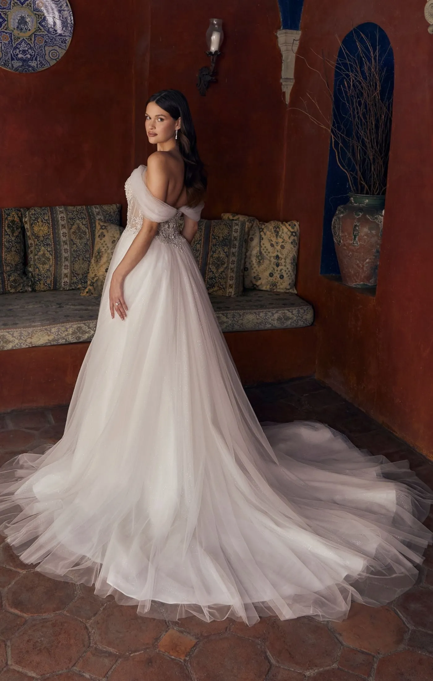 Casablanca Bridal 2547 Meline Wedding Dress Ballgown Sheer Corset Off The Shoulder Plunging Neckline Train Wedding Gown