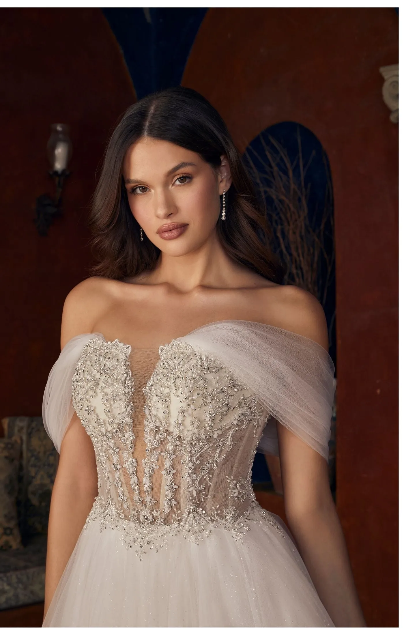 Casablanca Bridal 2547 Meline Wedding Dress Ballgown size 18 Sheer Corset Off The Shoulder Plunging Neckline Train Wedding Gown