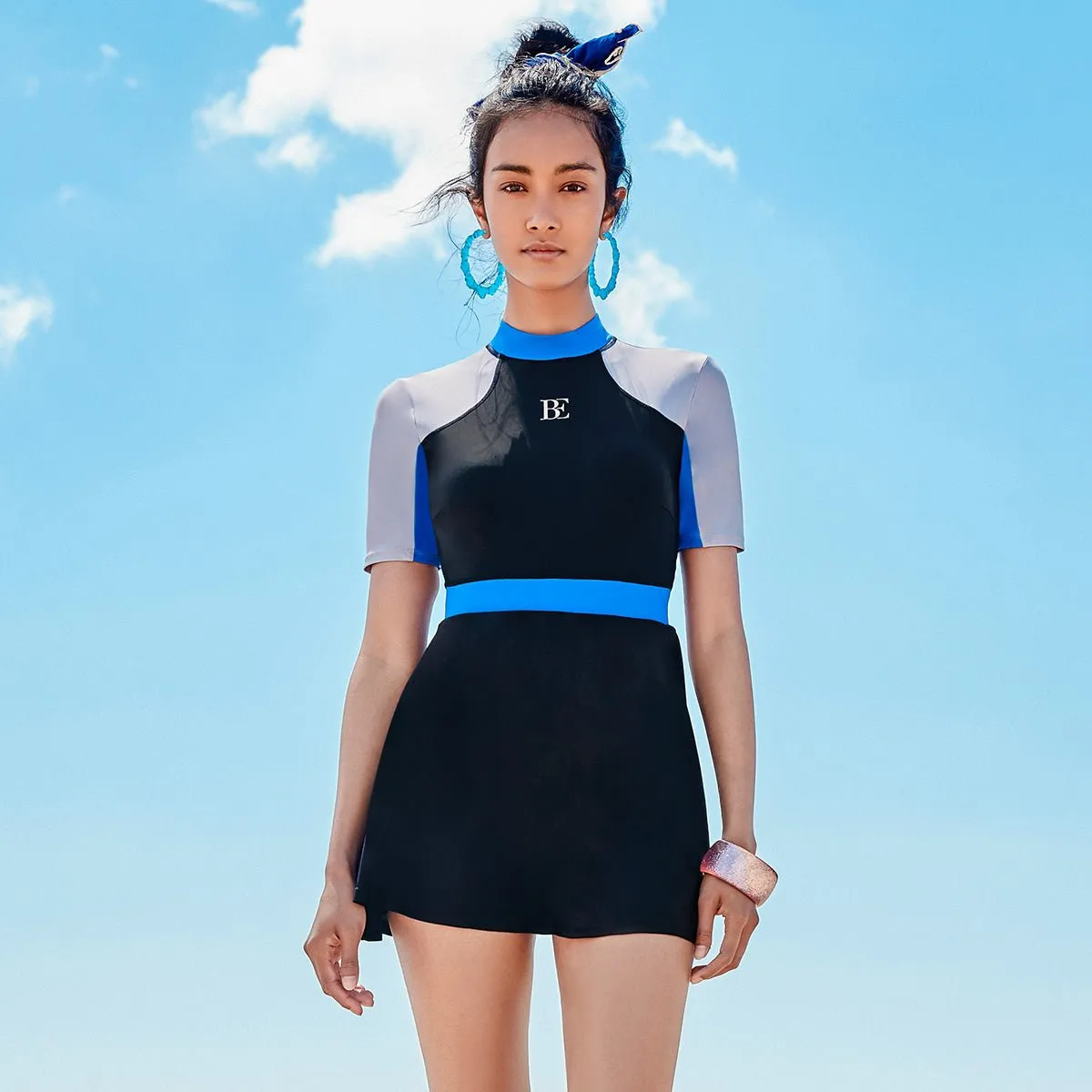 Chimney Collar Contrasting Color Athletes A Line Blue One Piece Swimsuit
