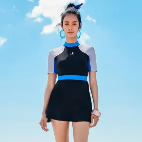 Chimney Collar Contrasting Color Athletes A Line Blue One Piece Swimsuit
