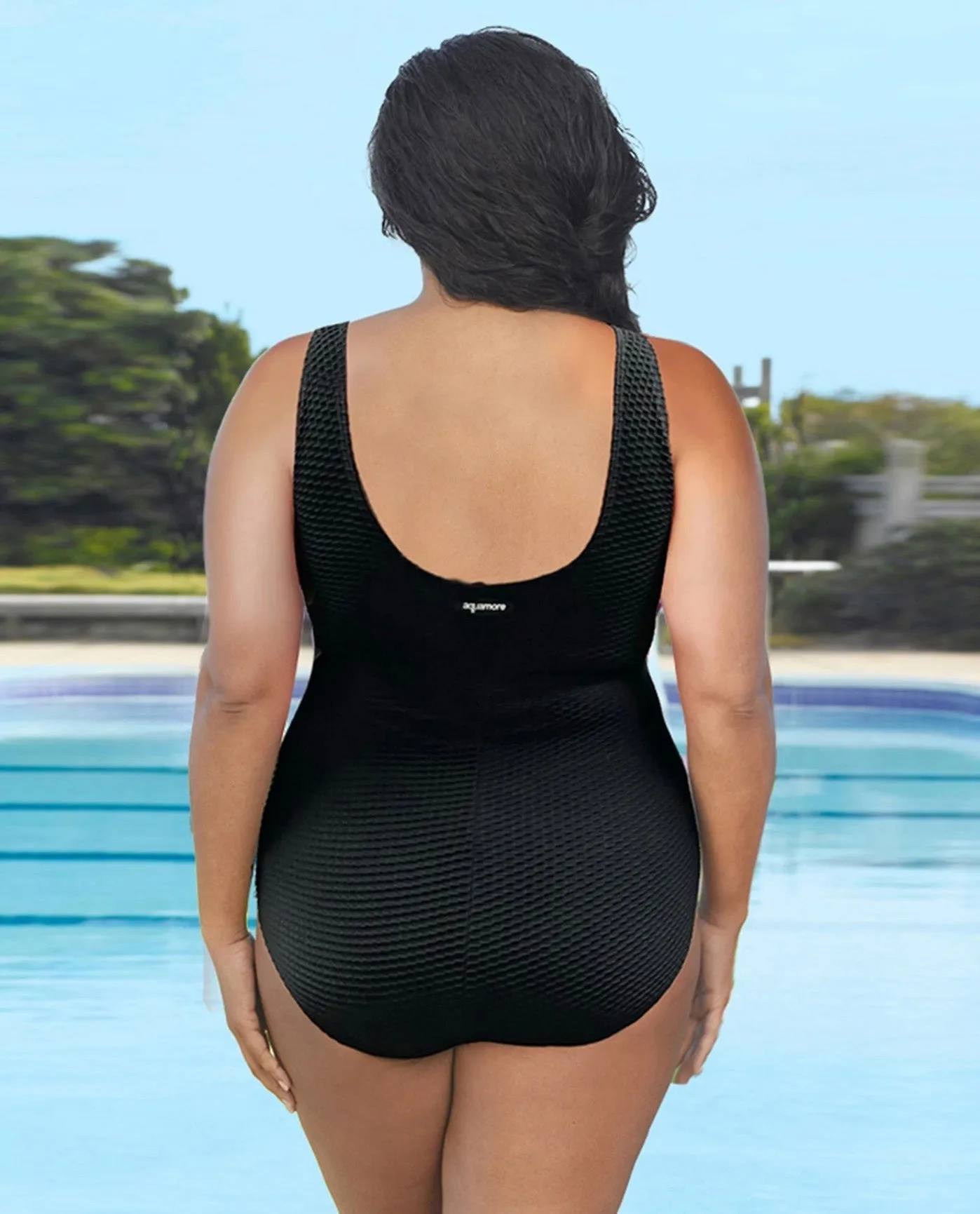 CHLORINE RESISTANT AQUAMORE COLOR BLOCK TEXTURED SPORTY PLUS SIZE SWIMSUIT