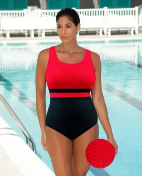 CHLORINE RESISTANT AQUAMORE SCARLET COLOR BLOCK TEXTURED SPORTY ONE PIECE SWIMSUIT