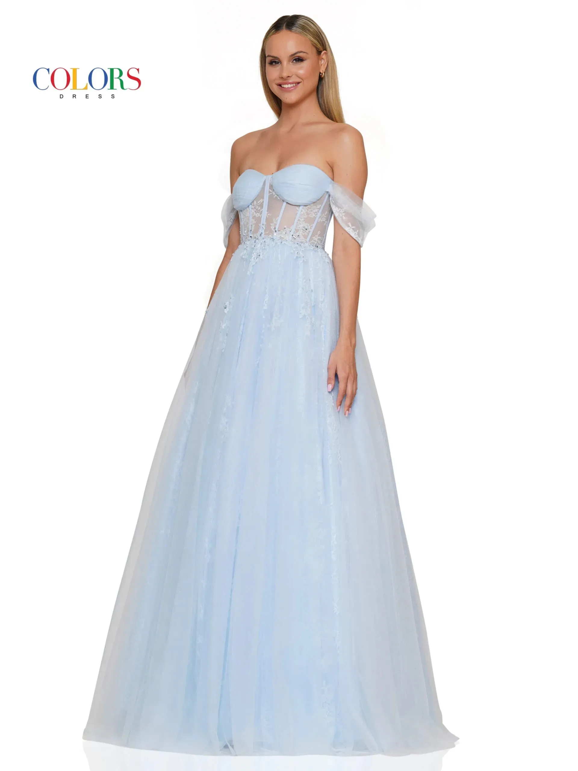 Colors Dress 3240 Long Lace Sheer Corset Ballgown Prom Dress off the Shoulder A Line Prom