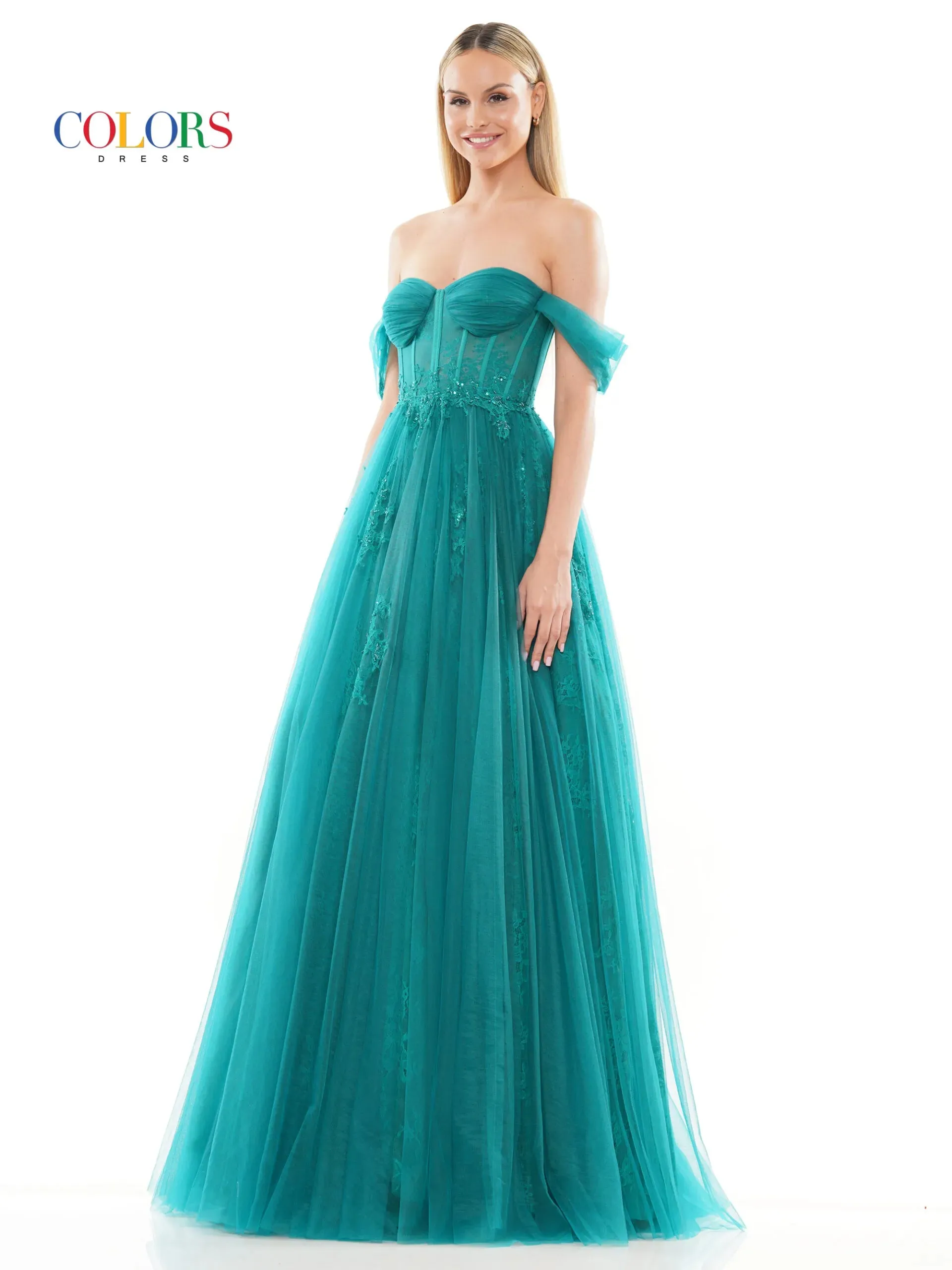 Colors Dress 3240 Long Lace Sheer Corset Ballgown Prom Dress off the Shoulder A Line Prom