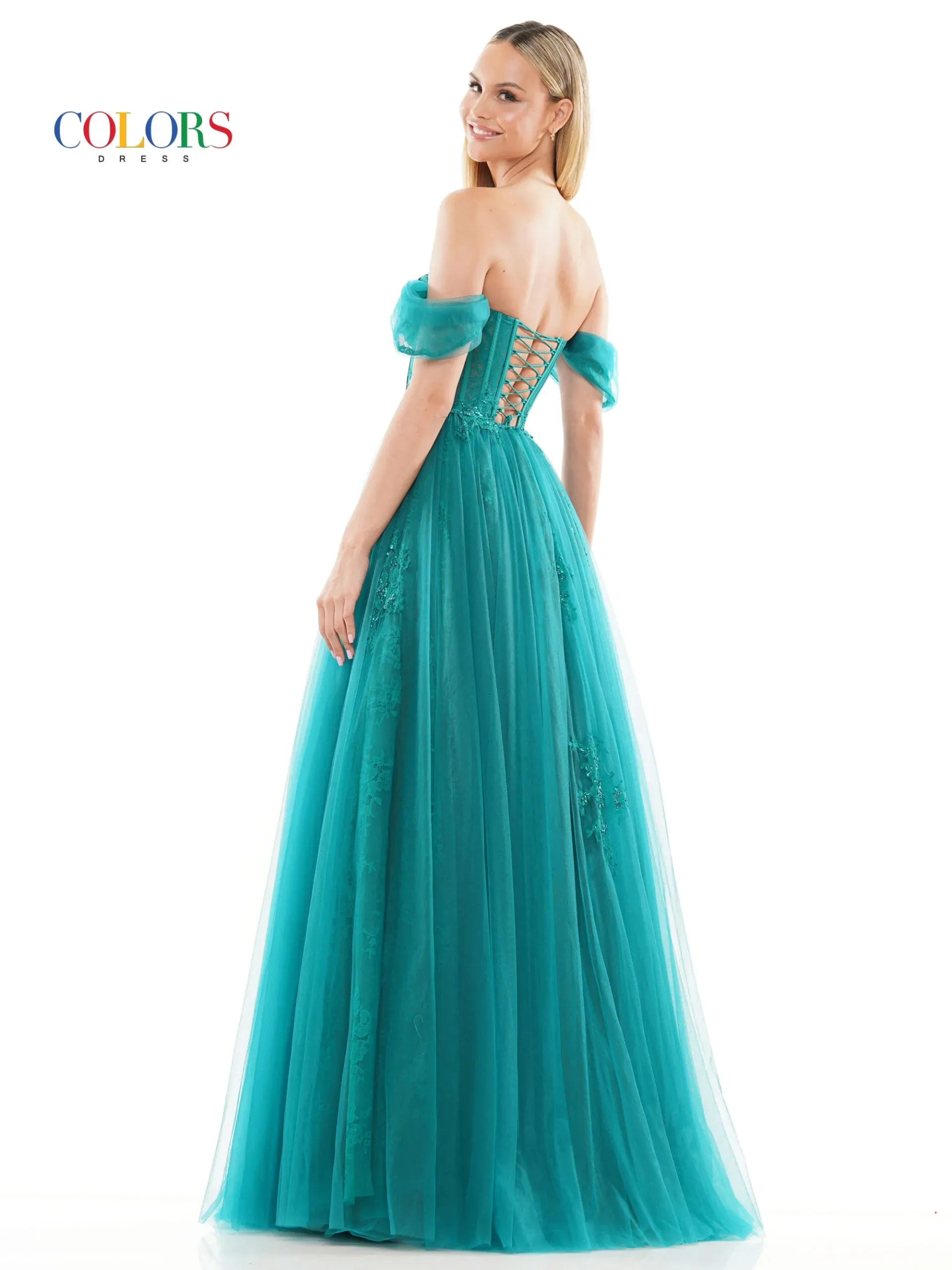 Colors Dress 3240 Long Lace Sheer Corset Ballgown Prom Dress off the Shoulder A Line Prom