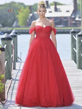 Colors Dress 3240 Long Lace Sheer Corset Ballgown Prom Dress off the Shoulder A Line Prom