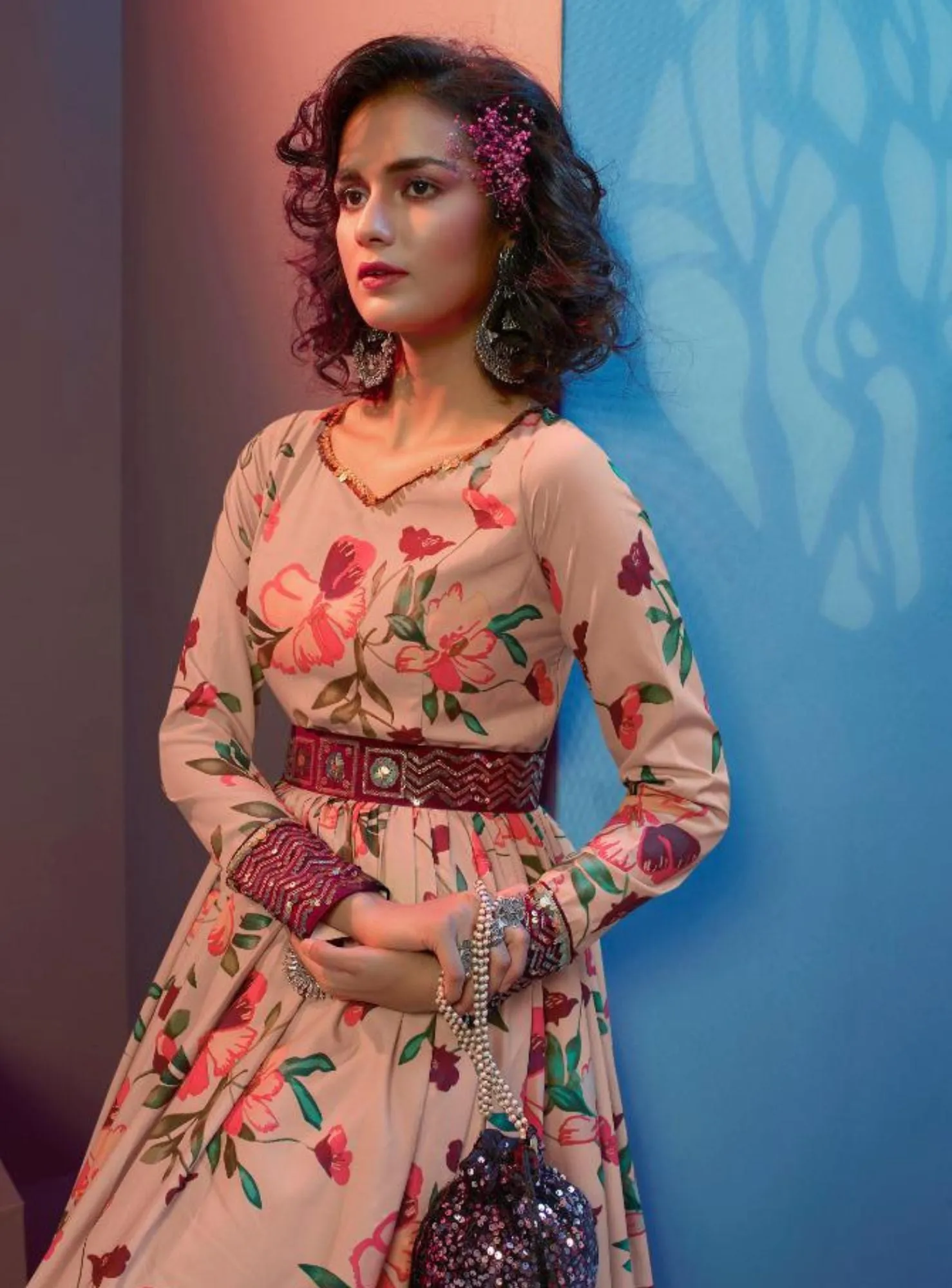 CREPE SILK PEACH FLORAL PRINT GOWN - RENT