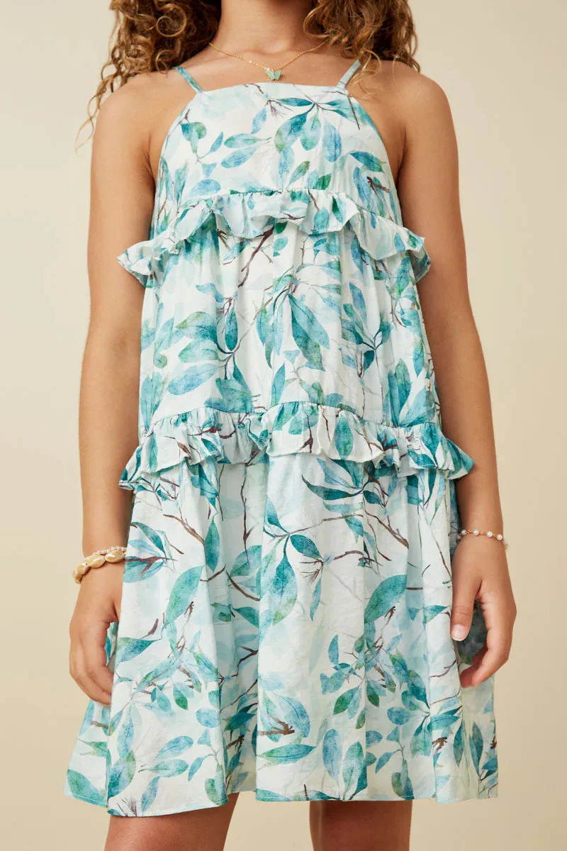 Crushed Satin Textured Ruffled Botanical Print Dress