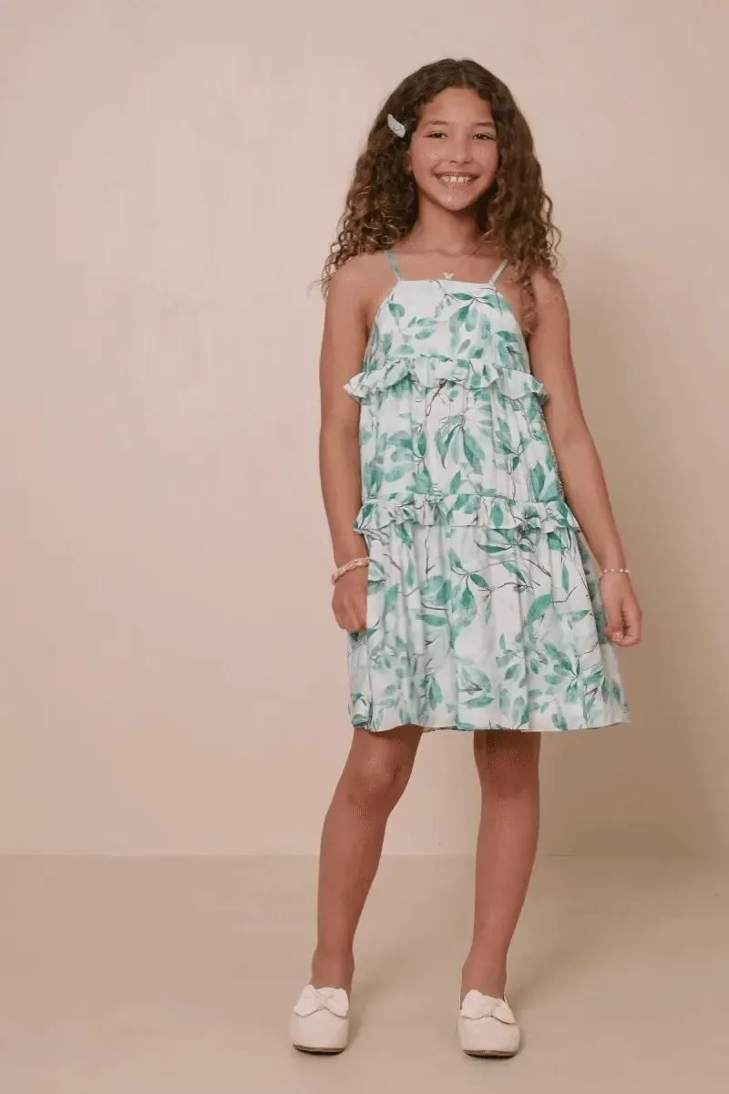 Crushed Satin Textured Ruffled Botanical Print Dress