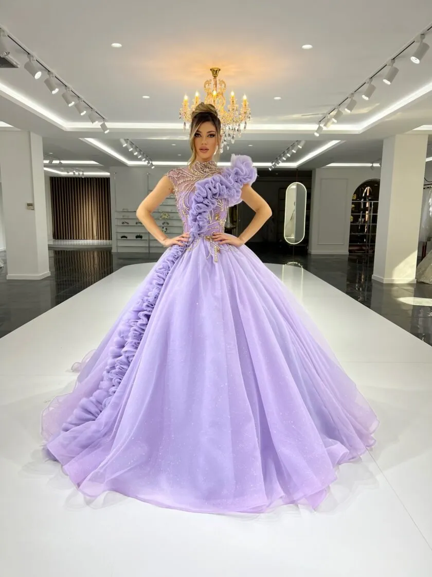 Divya High-Neck Layered Tulle Ballgown with Sparkling Stones