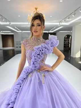 Divya High-Neck Layered Tulle Ballgown with Sparkling Stones