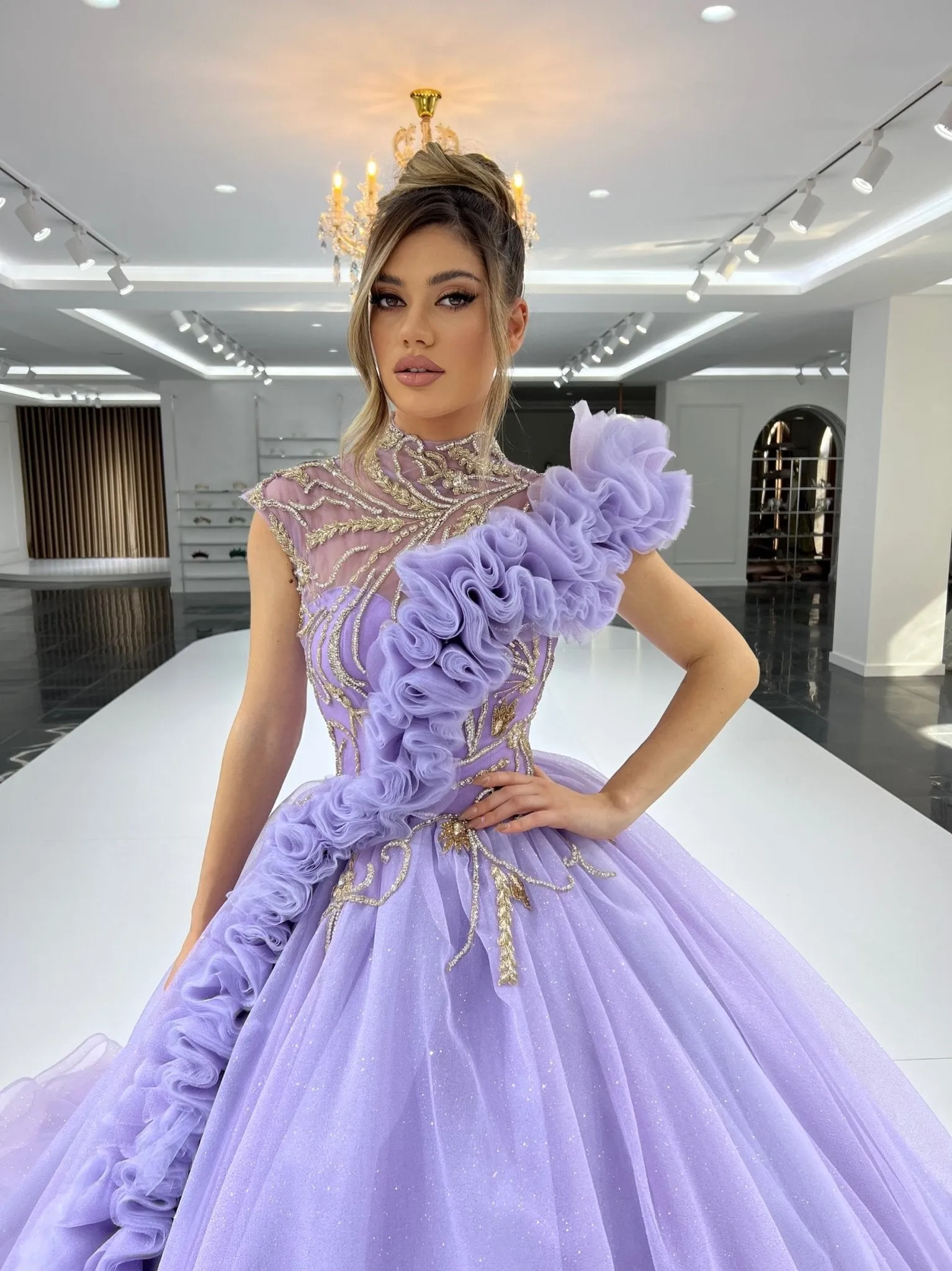 Divya High-Neck Layered Tulle Ballgown with Sparkling Stones