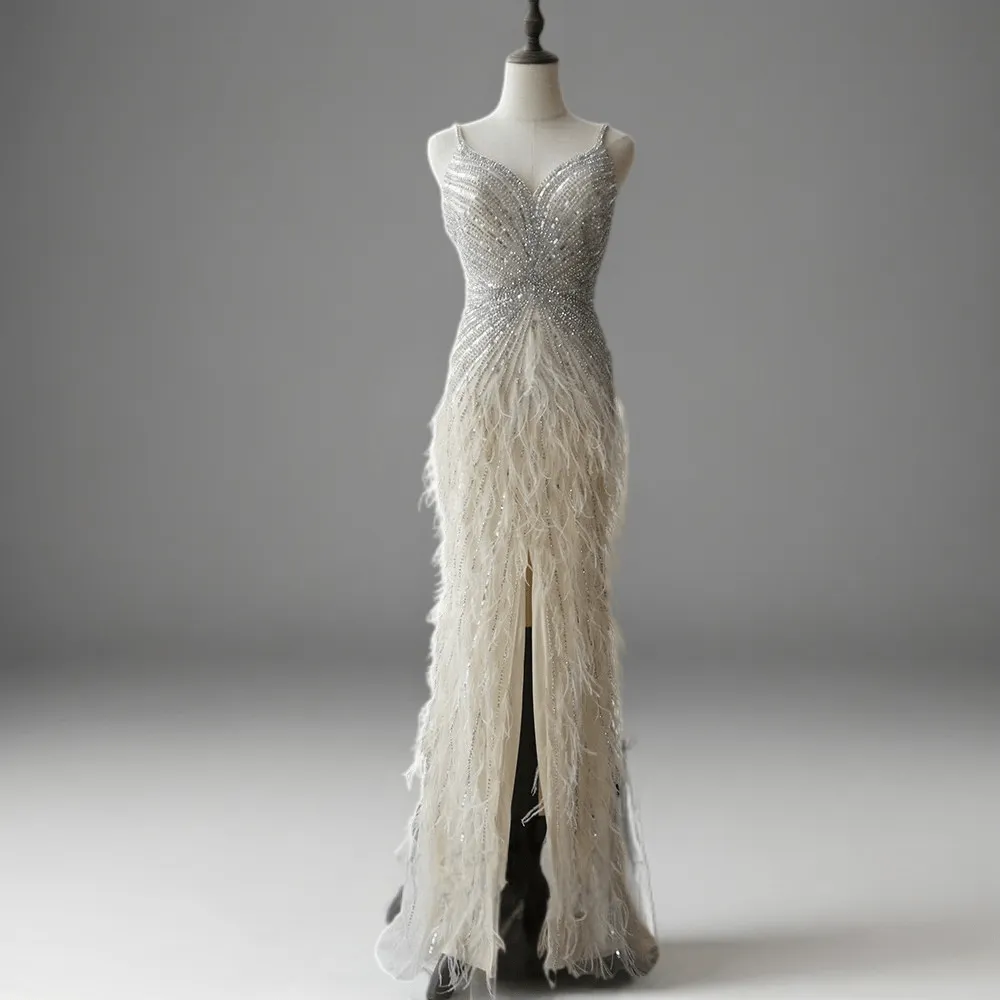 Elegant Blue Sequin and Feather Dress with Slit - Pretty Sequin Dress with Spaghetti Straps Plus Size