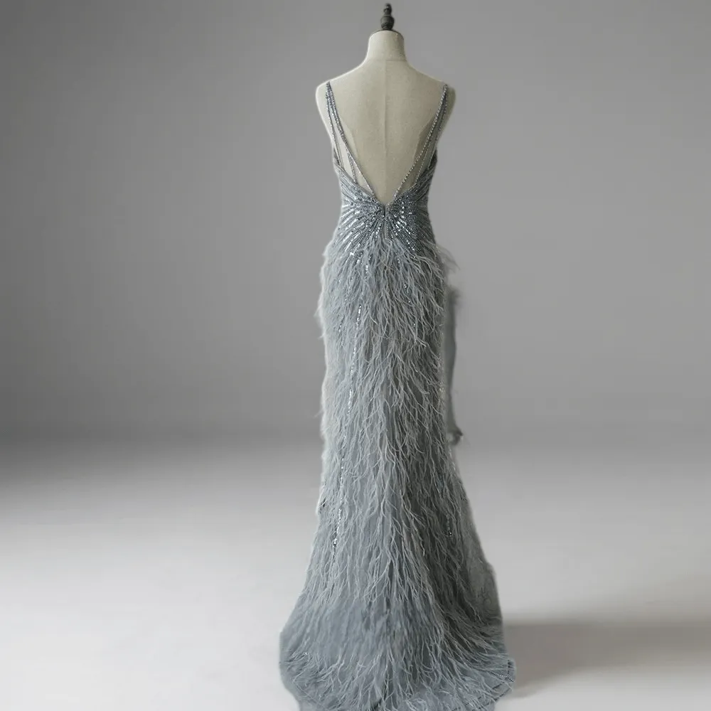 Elegant Blue Sequin and Feather Dress with Slit - Pretty Sequin Dress with Spaghetti Straps Plus Size