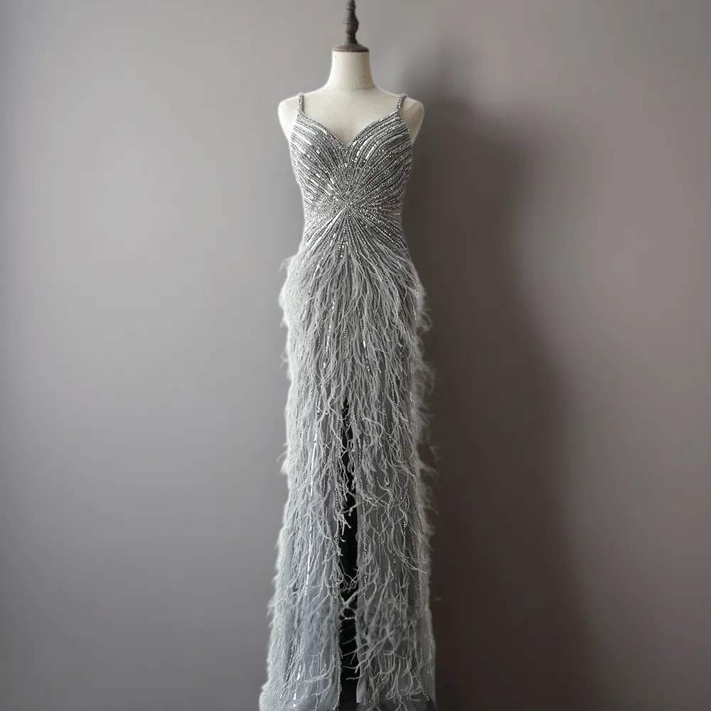 Elegant Blue Sequin and Feather Dress with Slit - Pretty Sequin Dress with Spaghetti Straps Plus Size