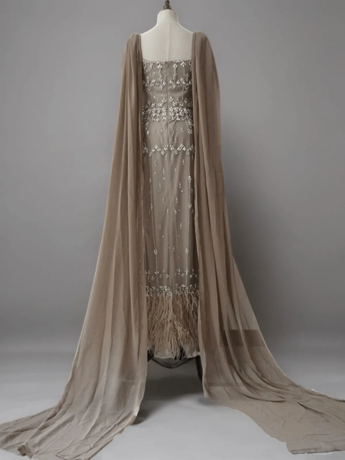 Elegant Champagne Sequin and Feather Dress - Pretty Sequin Dress and Sequin Evening Gown with Dramatic Sleeves Plus Size