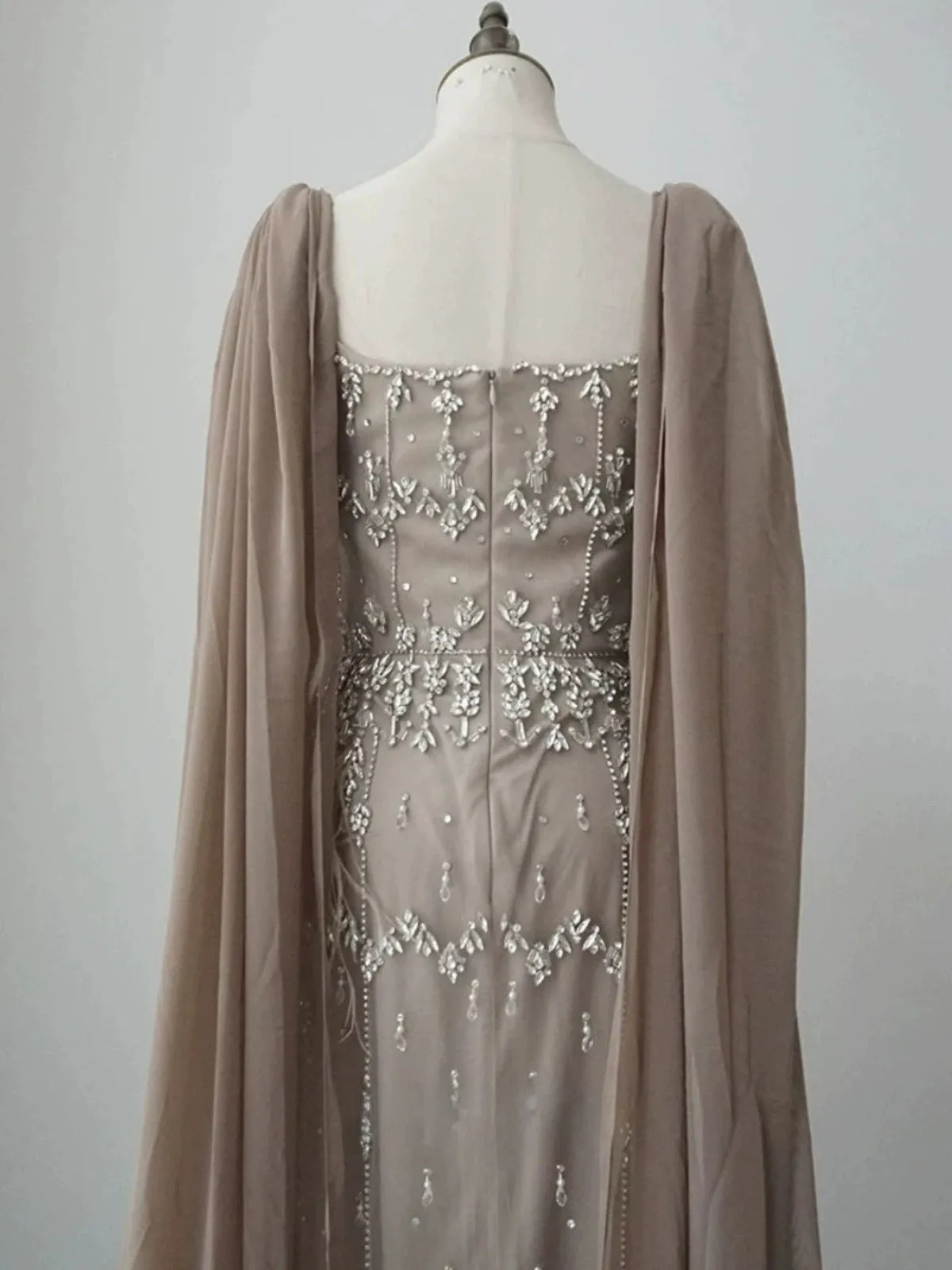Elegant Champagne Sequin and Feather Dress - Pretty Sequin Dress and Sequin Evening Gown with Dramatic Sleeves Plus Size