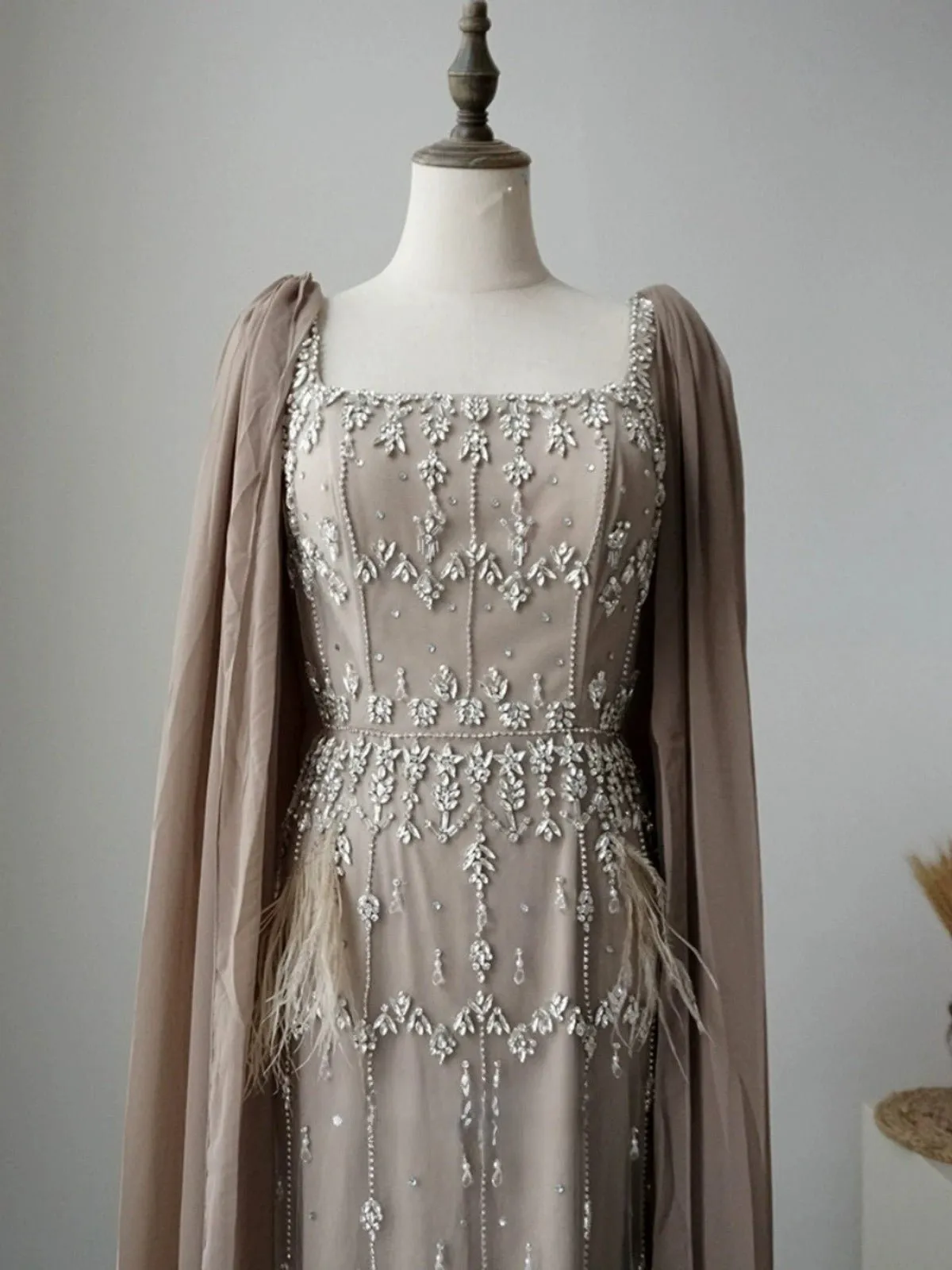 Elegant Champagne Sequin and Feather Dress - Pretty Sequin Dress and Sequin Evening Gown with Dramatic Sleeves Plus Size