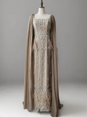Elegant Champagne Sequin and Feather Dress - Pretty Sequin Dress and Sequin Evening Gown with Dramatic Sleeves Plus Size