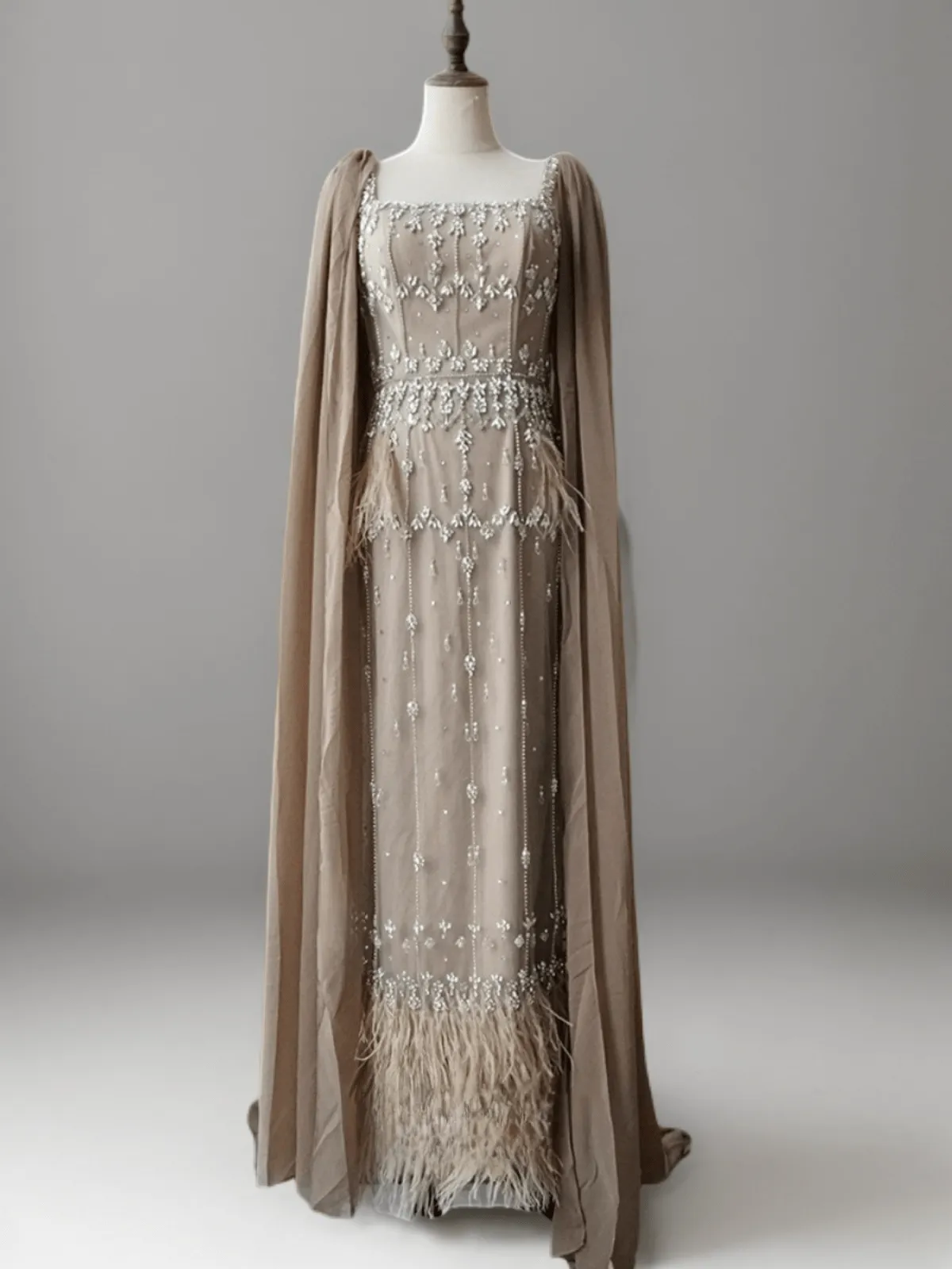 Elegant Champagne Sequin and Feather Dress - Pretty Sequin Dress and Sequin Evening Gown with Dramatic Sleeves Plus Size
