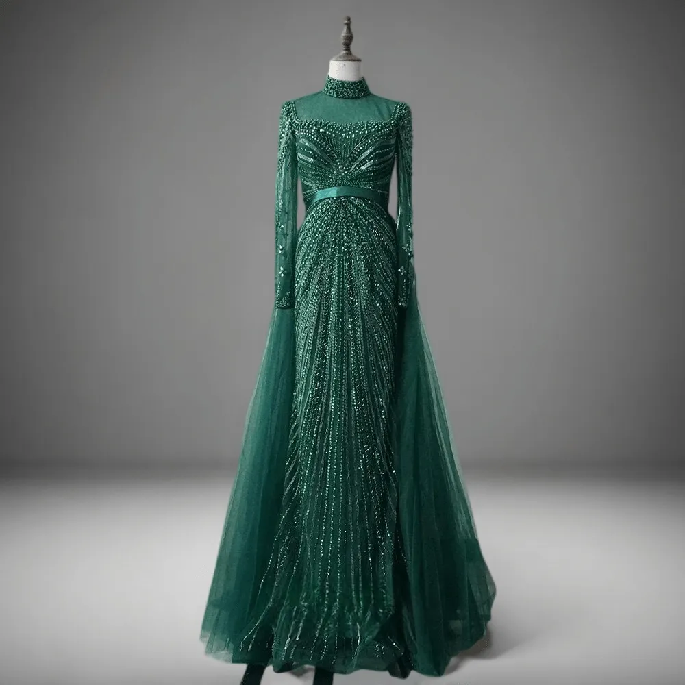 Elegant Champagne Sequin Evening Gown with Tulle - Champagne Dress for Wedding Guest - Pretty Sequin Dress with Long Sleeves Plus Size