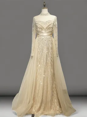 Elegant Champagne Sequin Evening Gown with Tulle - Champagne Dress for Wedding Guest - Pretty Sequin Dress with Long Sleeves Plus Size