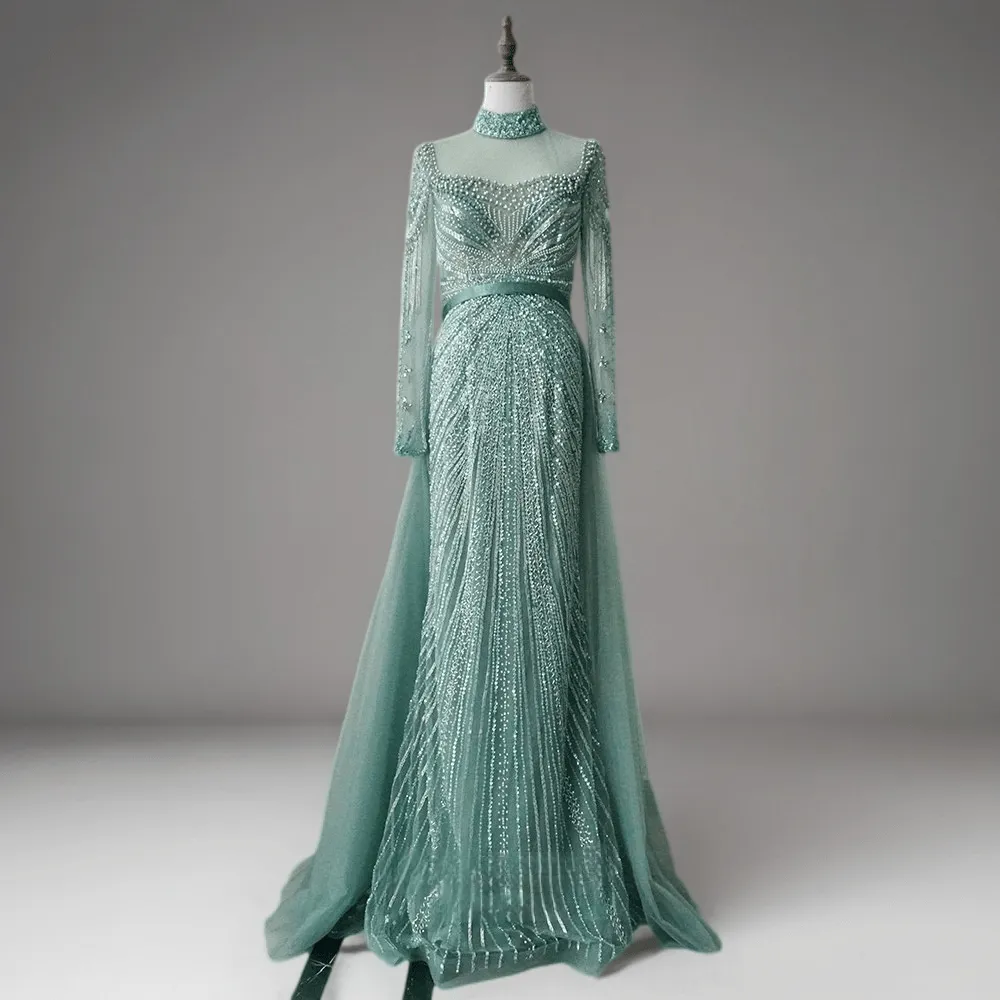 Elegant Champagne Sequin Evening Gown with Tulle - Champagne Dress for Wedding Guest - Pretty Sequin Dress with Long Sleeves Plus Size