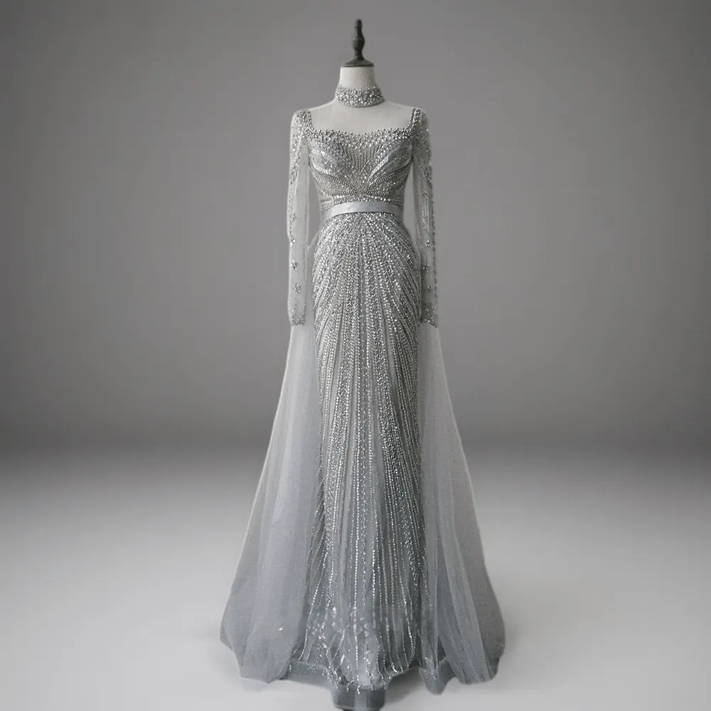 Elegant Champagne Sequin Evening Gown with Tulle - Champagne Dress for Wedding Guest - Pretty Sequin Dress with Long Sleeves Plus Size