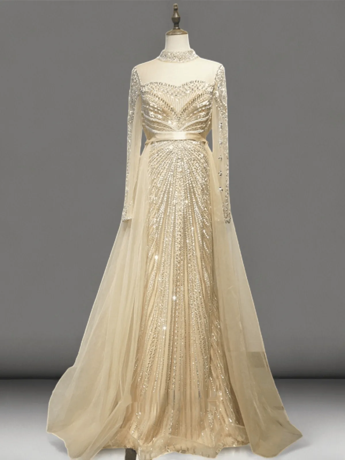 Elegant Champagne Sequin Evening Gown with Tulle - Champagne Dress for Wedding Guest - Pretty Sequin Dress with Long Sleeves Plus Size