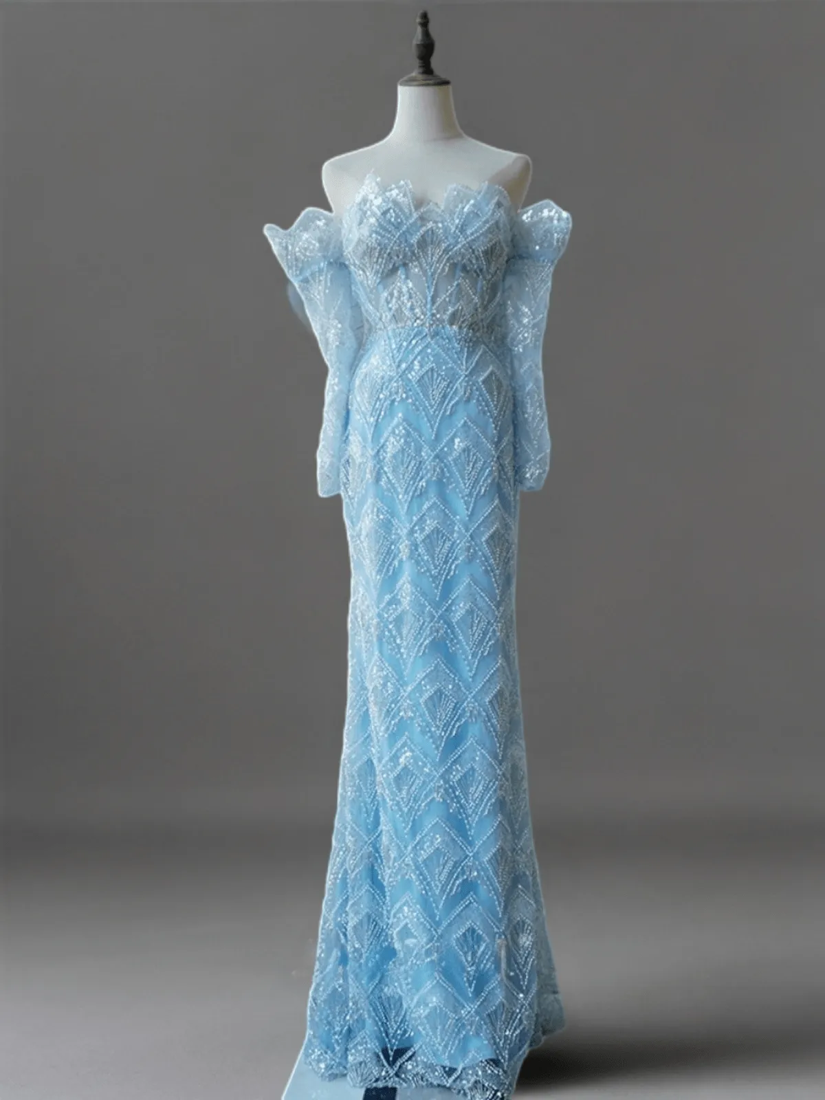 Elegant Light Blue Off-Shoulder Sequin Evening Dress - Blue Pretty Sequin Dress and Beaded Embellished Evening Gown Plus Size