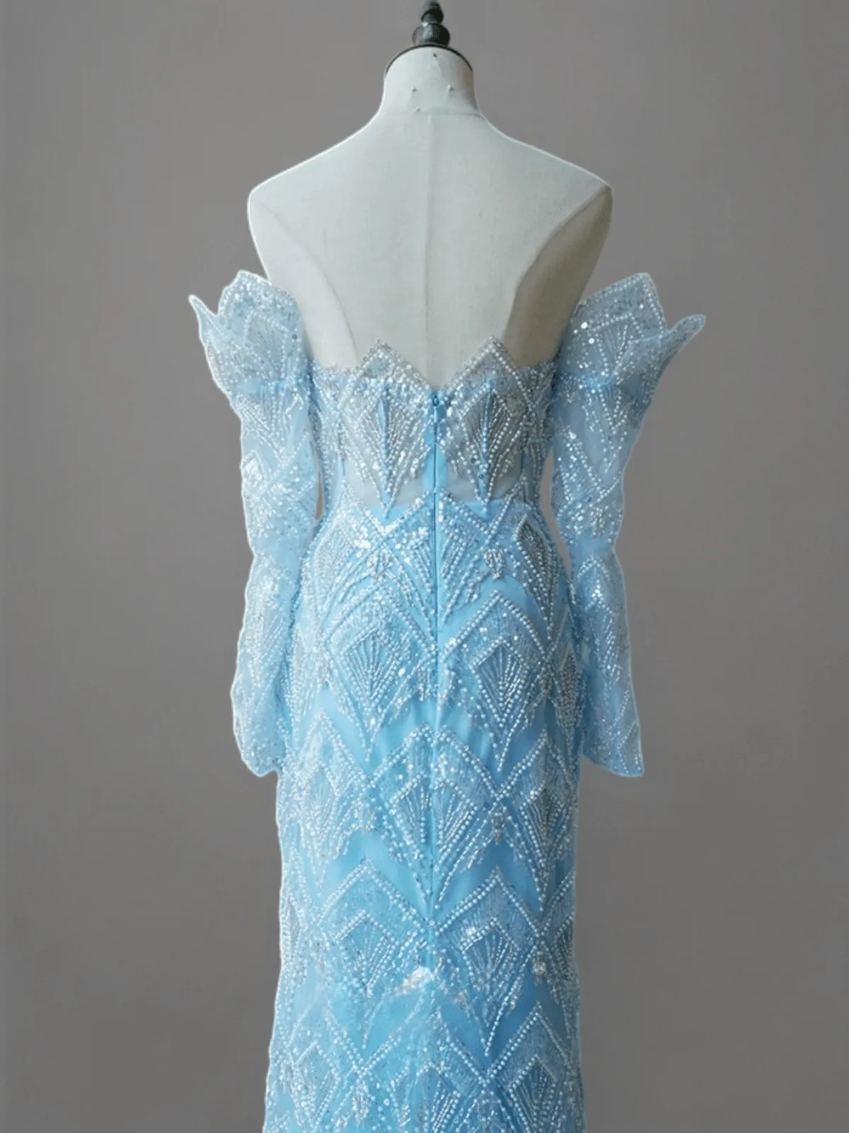 Elegant Light Blue Off-Shoulder Sequin Evening Dress - Blue Pretty Sequin Dress and Beaded Embellished Evening Gown Plus Size