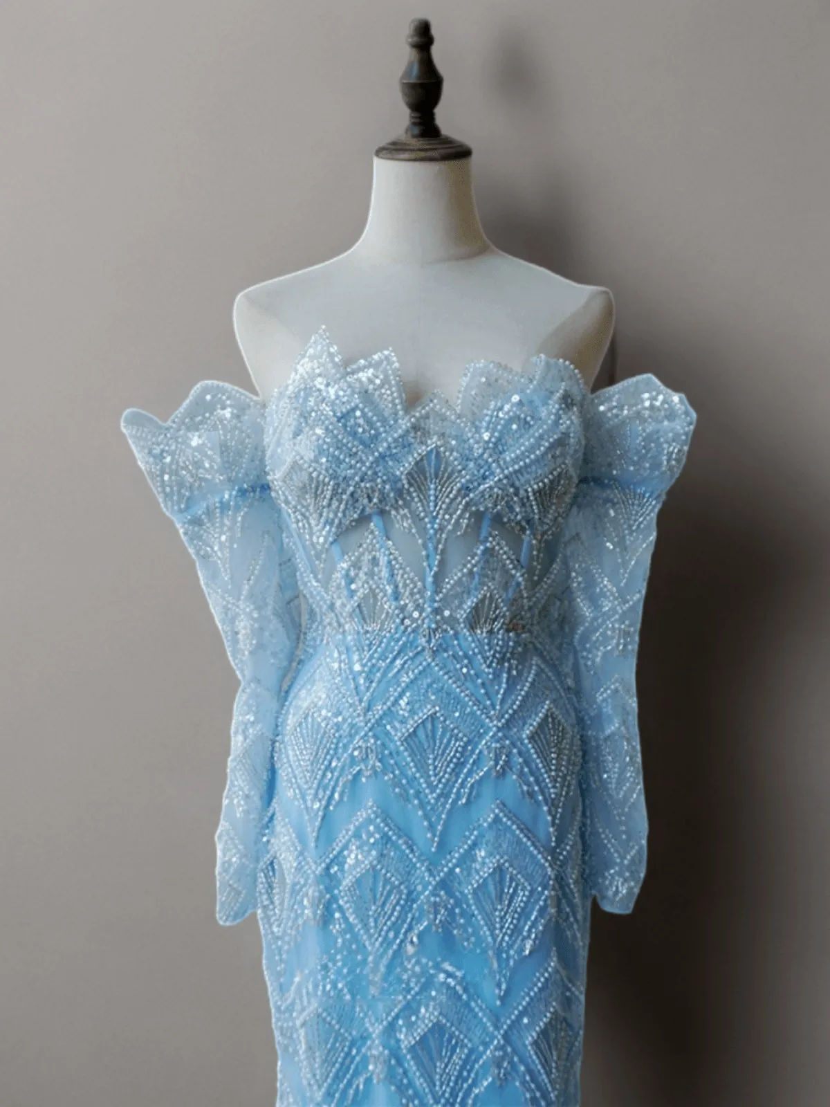 Elegant Light Blue Off-Shoulder Sequin Evening Dress - Blue Pretty Sequin Dress and Beaded Embellished Evening Gown Plus Size