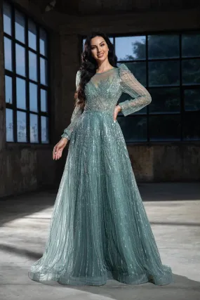 Elegant Teal Sequin Evening Gown with Sheer Long Sleeves - Designer Sequin Dress and Pretty Sequin Dress Plus Size